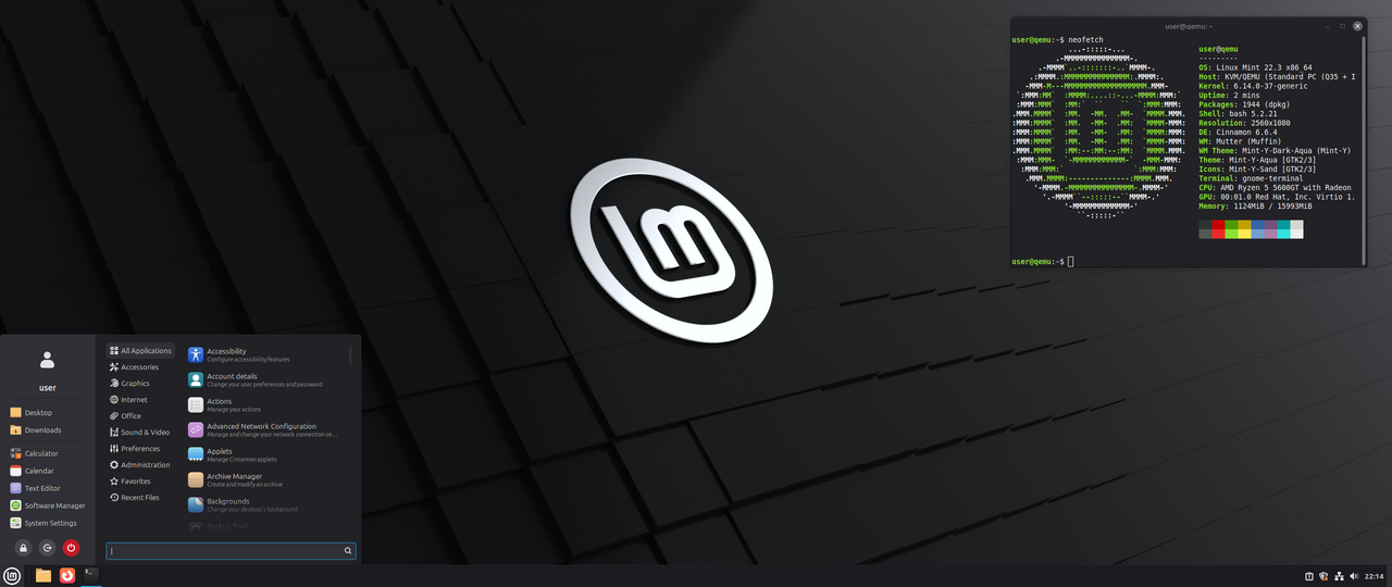 Linux Mint 22.3 — Cinnamon, menu and terminal