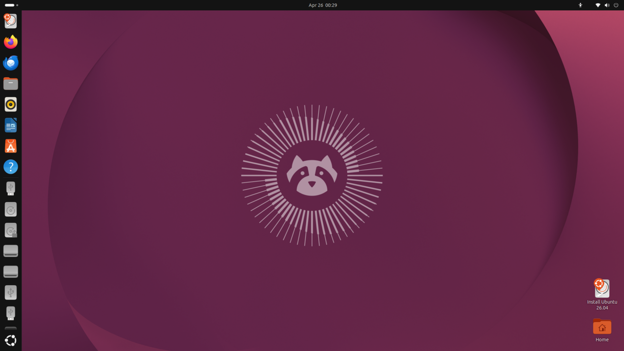 Ubuntu 26.04 LTS — GNOME desktop (live session)